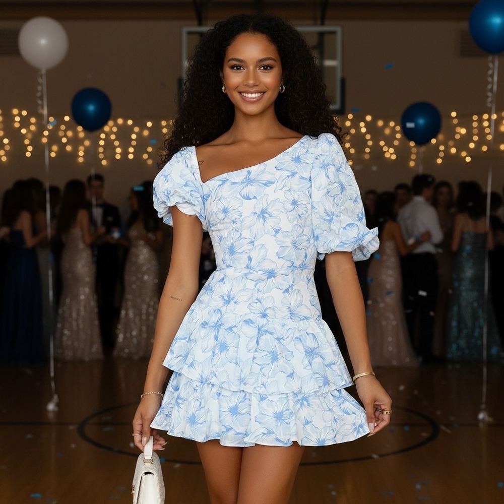 Hello Molly Blue Floral Tiered Ruffle Mini Dress Puff Sleeve Cotton Womens 6 M